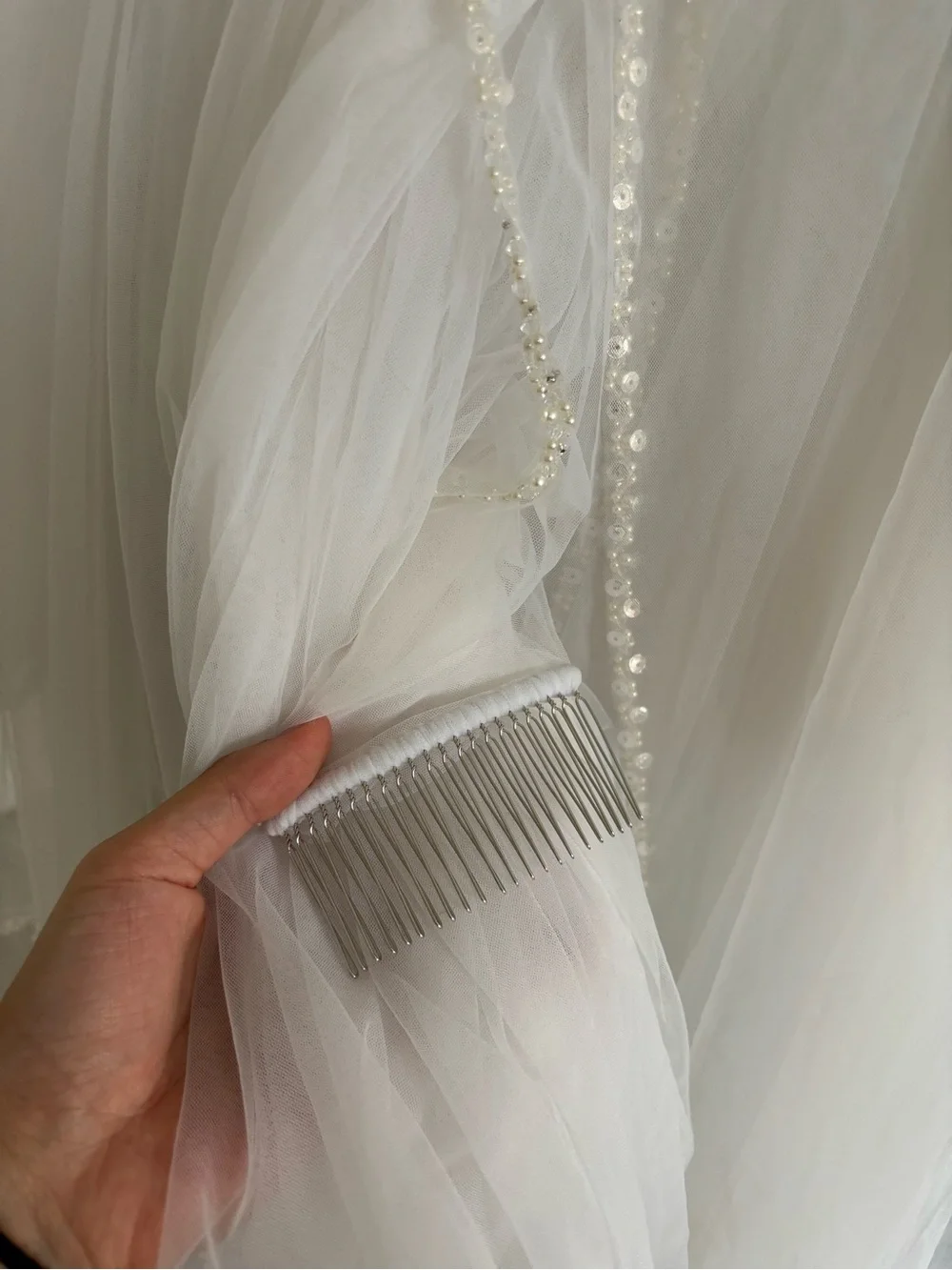 Pearl beaded wedding veil with blusher